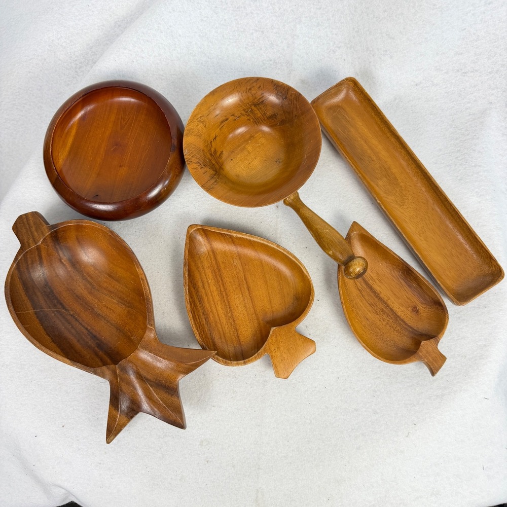 Lot of 6 Vintage Monkey Pod Wood Serving Set Mid-Century Snack Bowl Decorative